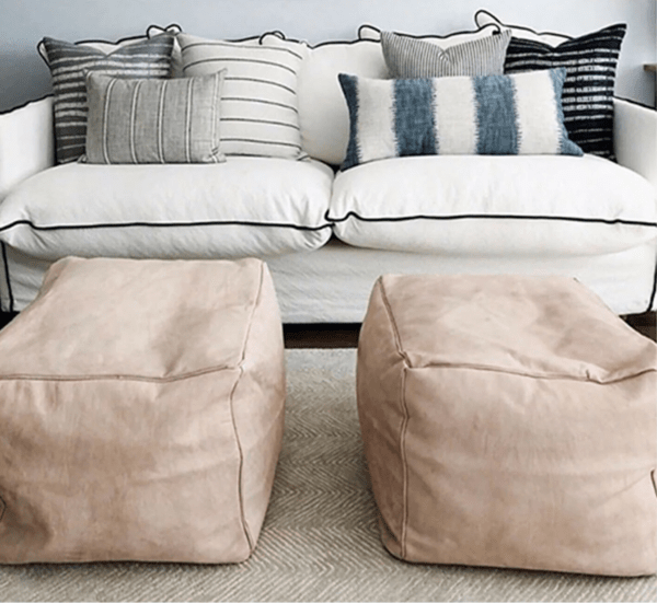 Wunderschöner Quadratischer Pouf marokkanische Lederhocker Ottomane aus echtem Leder in Creme